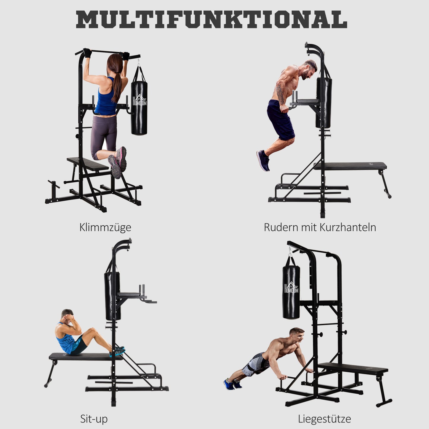 HOMCOM Kraftstation mit Klimmzugstange, Multifunktionale Dip-Station, Trainings-Gerät für Zuhause, mit Boxsack, Fitness, Stahl, Schwarz, 180 x 183 x 219 cm