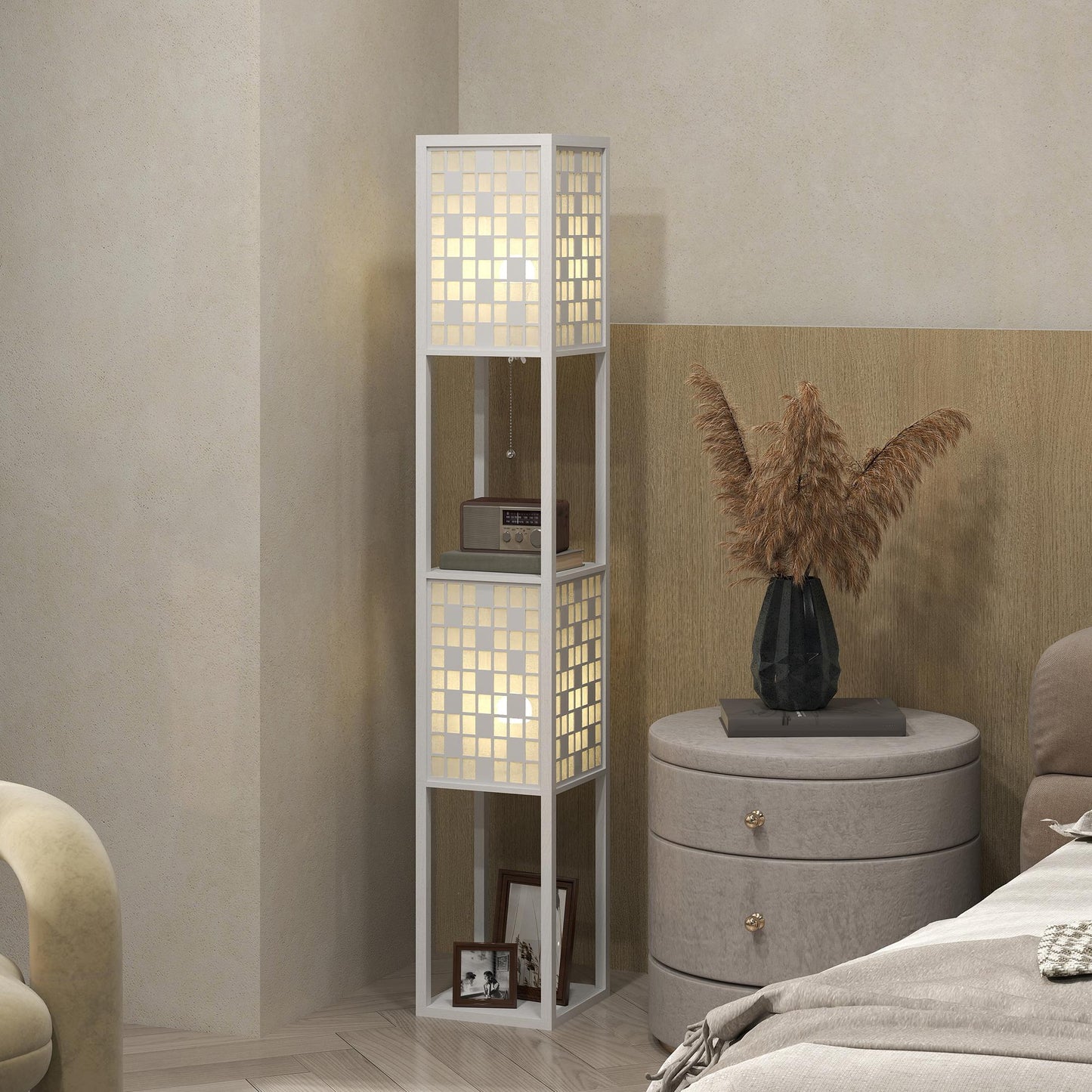HOMCOM Stehlampe, Gittermuster, 2-Ebenen-Regale, für verschiedene Glühbirnen, Weiß