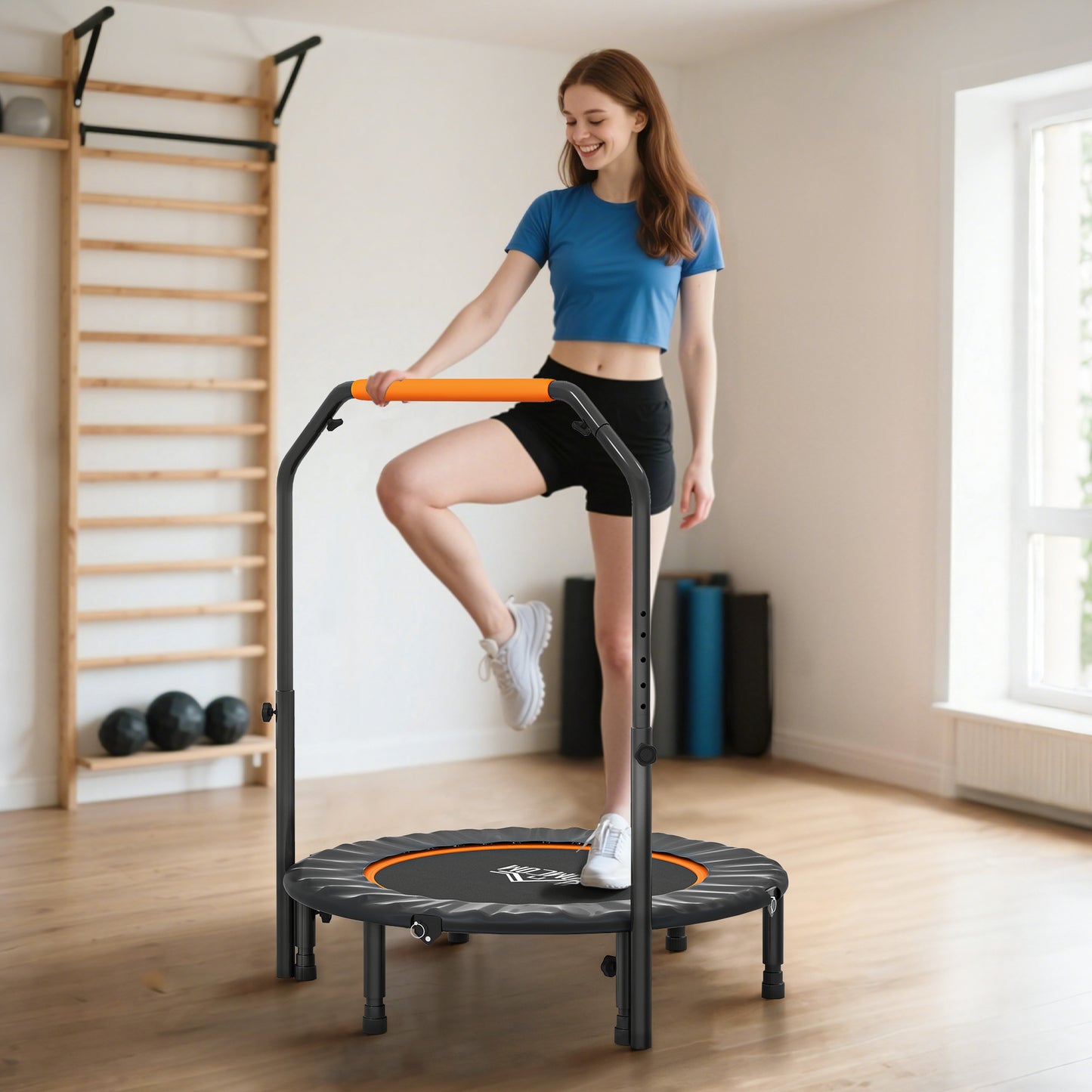 HOMCOM Fitnesstrampolin, klappbar, verstellbarer Haltegriff, Ø102 x 123H cm, bis 100 kg, Schwarz