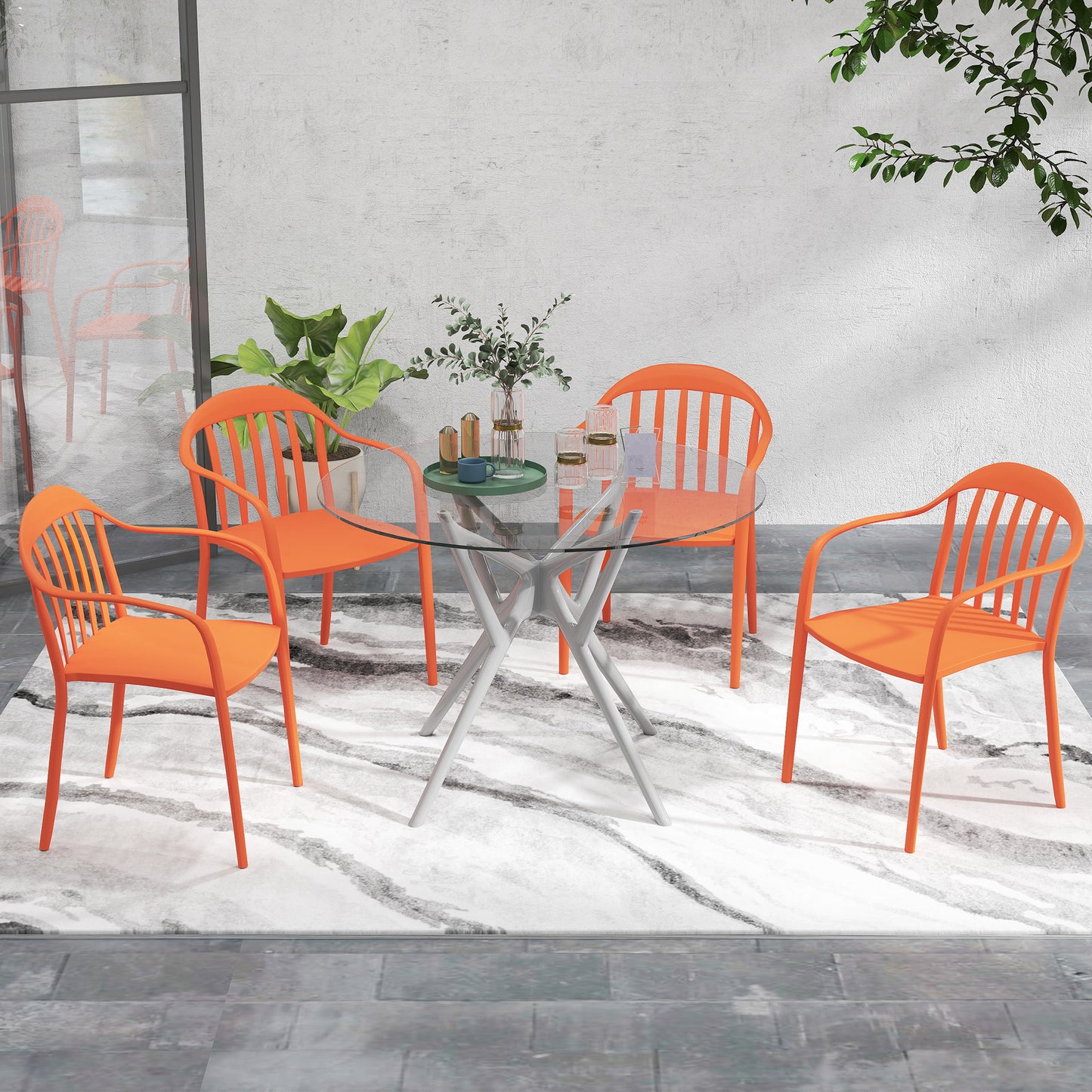 Outsunny Gartenstuhl 4er Set wetterfest Gartenstühle aus Kunststoff Stapelstuhl mit Armlehne Rückenlehne bis 120 kg belastbar