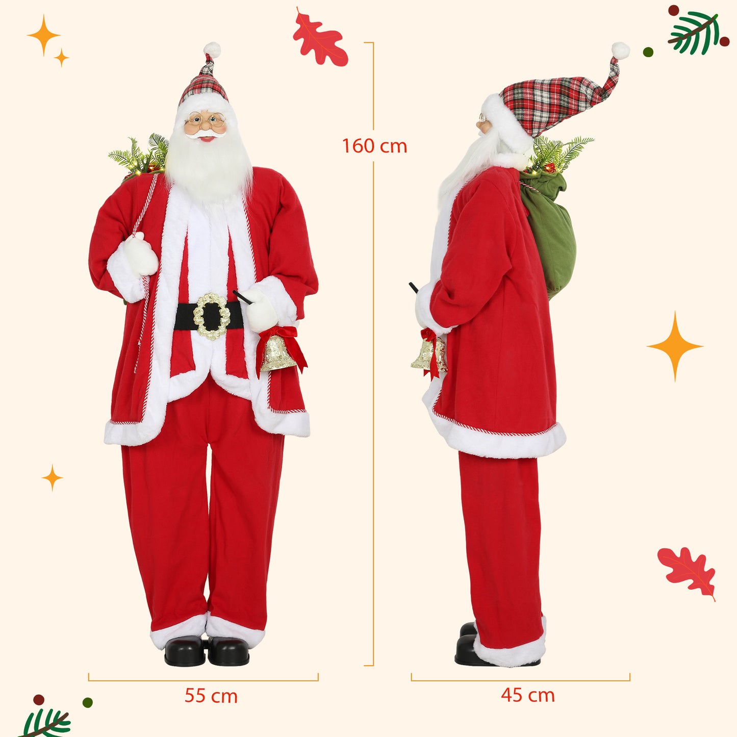 HOMCOM Weihnachtsmann 1,6 m stehende Weihnachtsmann mit Geschenk- und Weihnachtsglocken Soundfunktion