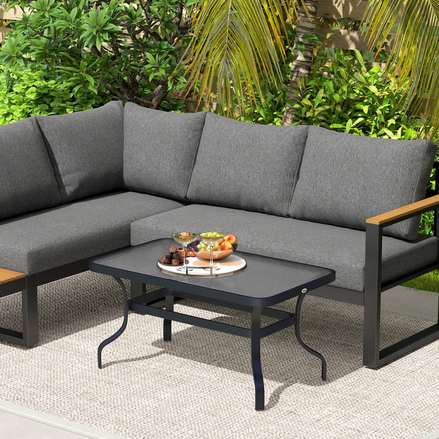 Outsunny Beistelltisch Hartglas Kaffeetisch Couchtisch mit Wellendesign, Abgerundete Ecke Balkontisch 95x55 cm Schwarz