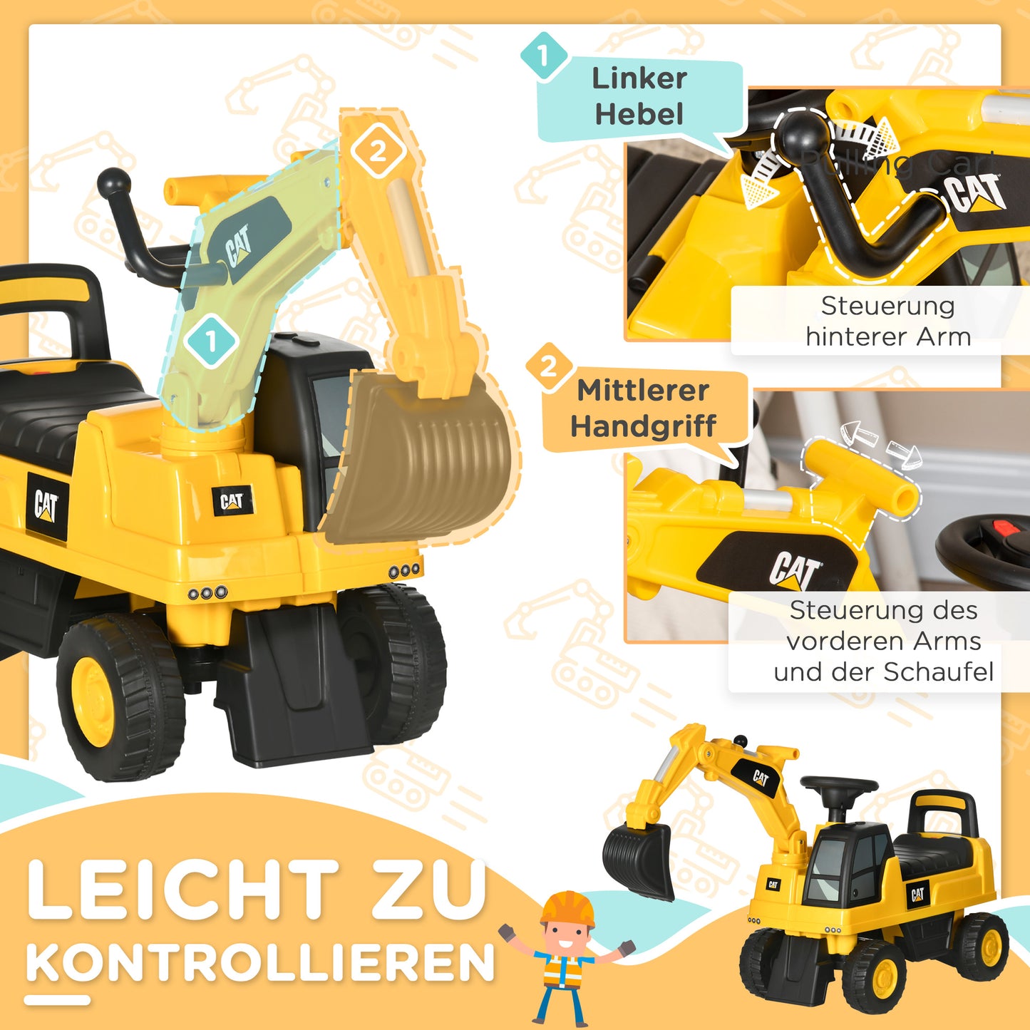 HOMCOM Kinderbagger, Rutscher, bedienbare Schaufel, Kippschutz, rutschfeste Räder, gelb+schwarz, 85 x 27,5 x 47,5 cm