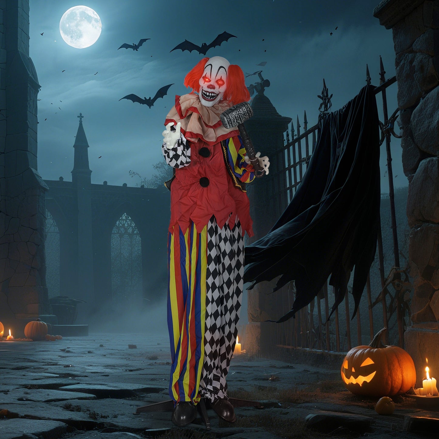 Outsunny Grusel-Clown, Halloween-Animatronik, 173 cm, leuchtende Augen, Geräusch-Aktivierung, bewegliche Arme und Kopf, Batteriebetrieb, Kunststoff, Metall, Rot