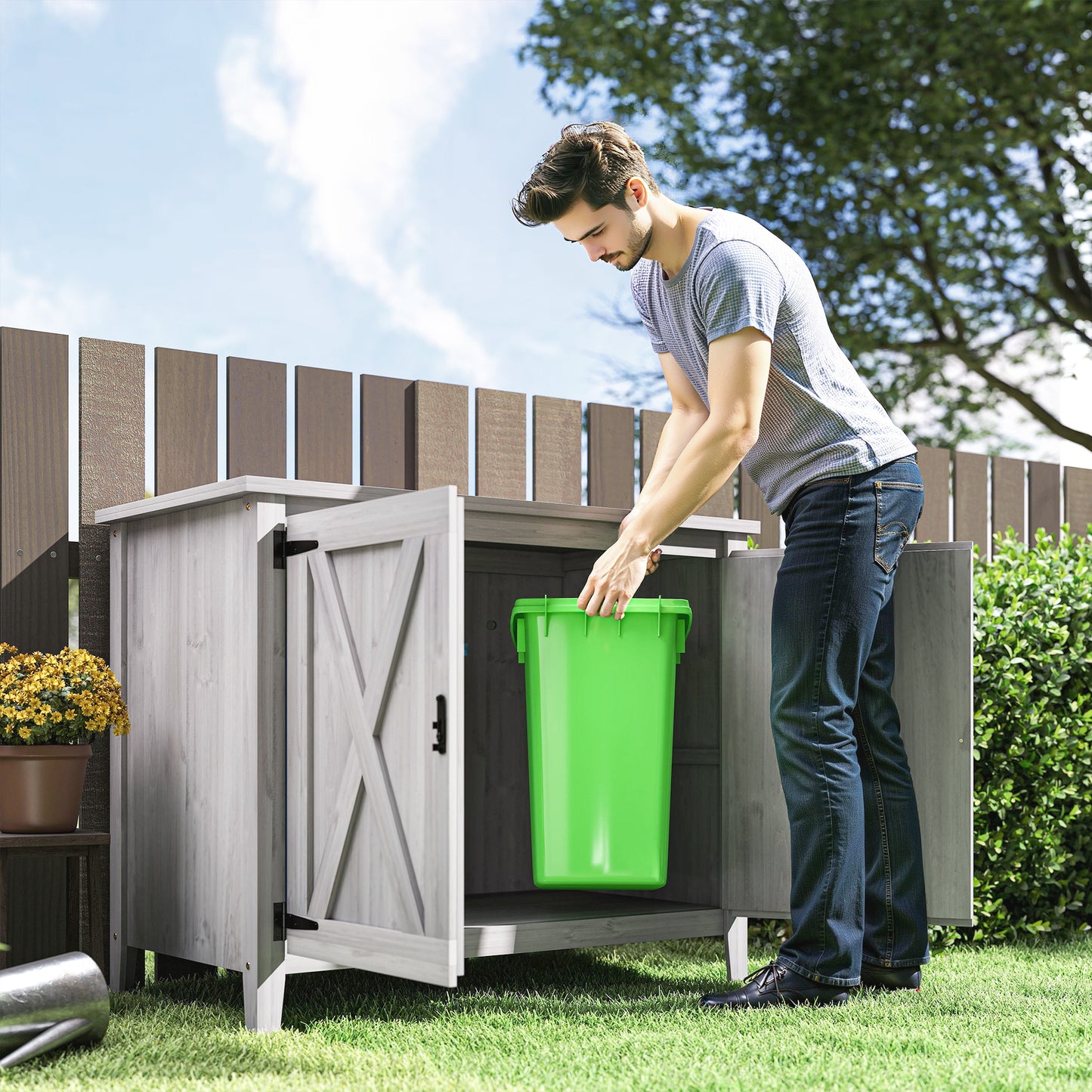 Outsunny Gartenschrank, Holzschrank für Gartengeräte, Outdoor-Schrank für Terrasse, mit Doppeltüren, Scheunendesign, Hellgrau