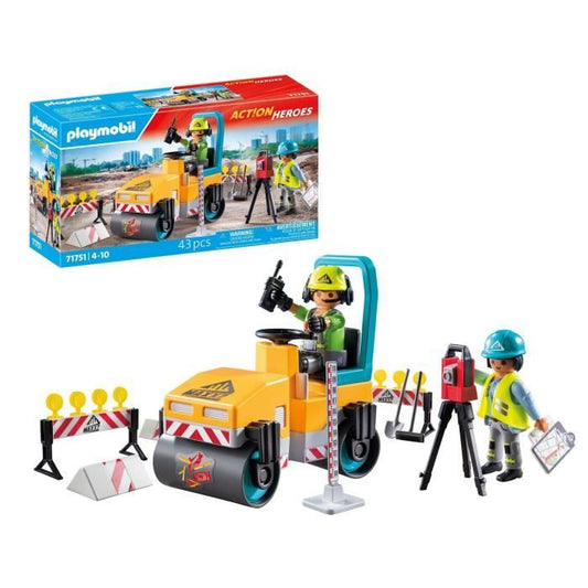 PLAYMOBIL 71751 Construction Workers with Steamroller and Signaling, Action Heroes, Construction, 43 Pieces, Ages 4+