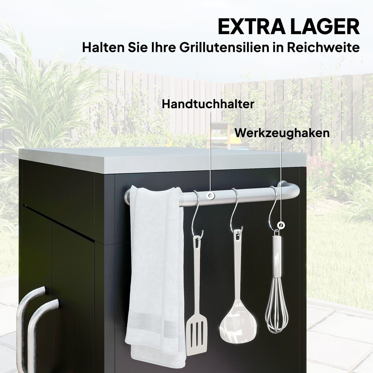 HOMCOM Küchenwagen mit Rollen, Servierwagen, Rollwagen mit Schrank, Haken und Edelstahlgriffe, Küchenhilfe, BBQ Grilltisch aus Edelstahl Küchentrolley, 86 x 50 x 86,5 cm Schwarz