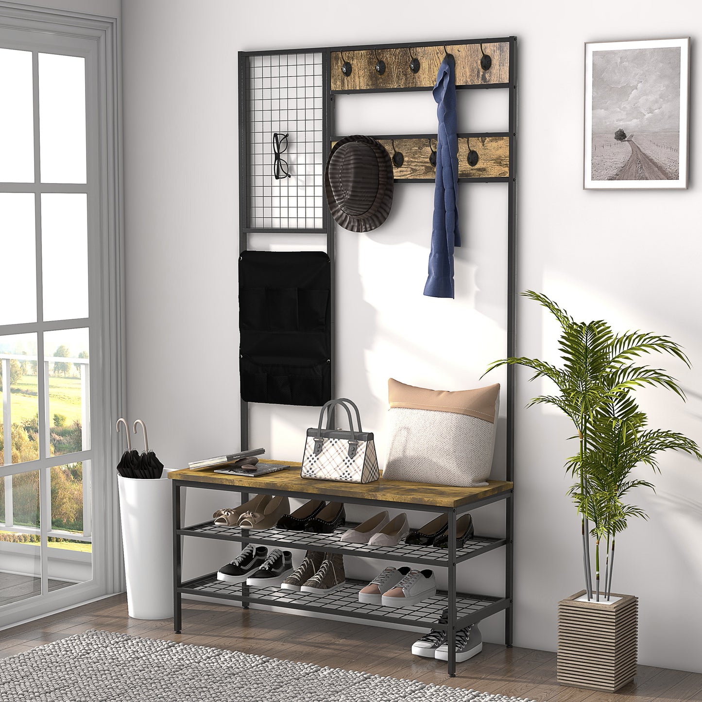 HOMCOM Garderobe im Industriedesign, 1 Memoboard, 1 Schuhbank, 8 Kleiderhaken, 1 Aufbewahrungstasche, Schwarz + Braun