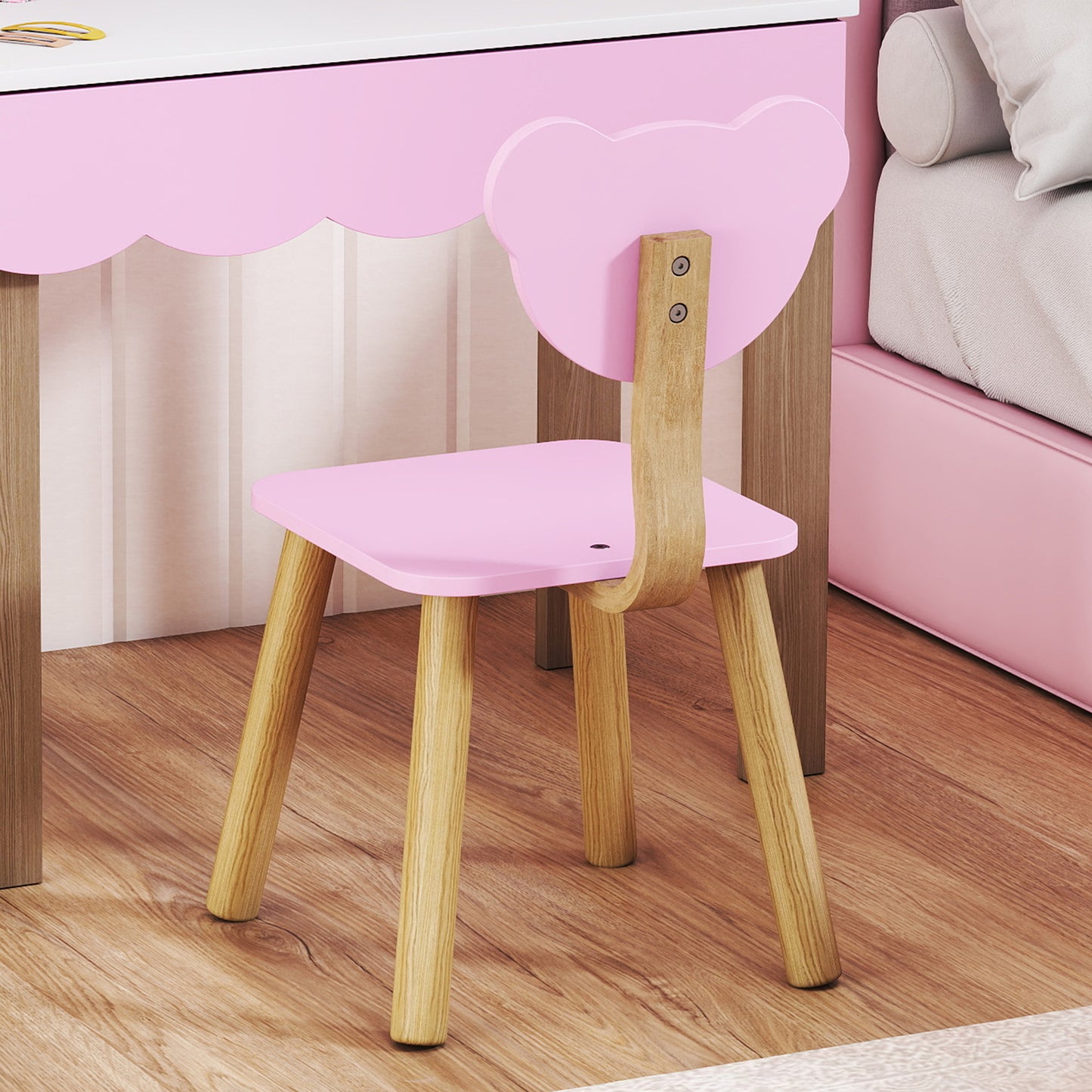 AIYAPLAY Frisiertisch-Set mit Hocker für Kinder, Schminkspiegel, Bärchenform, Schublade, MDF, Rosa