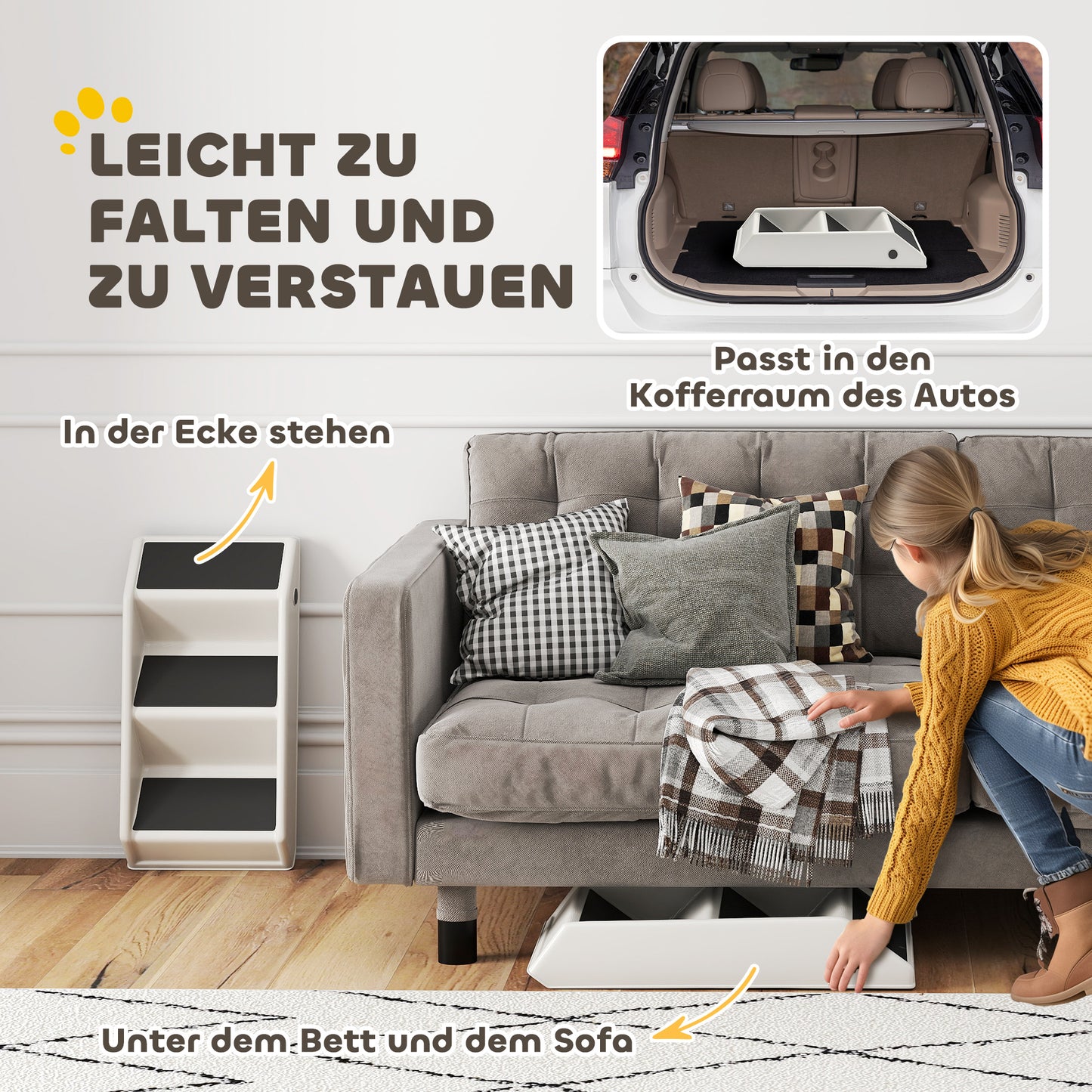 PawHut Hundetreppe 3 Stufen 36,5 cm Hoch Haustiertreppe für Kleine Hunde klappbar für Bett, Sofa, Couch Auto Cremeweiß