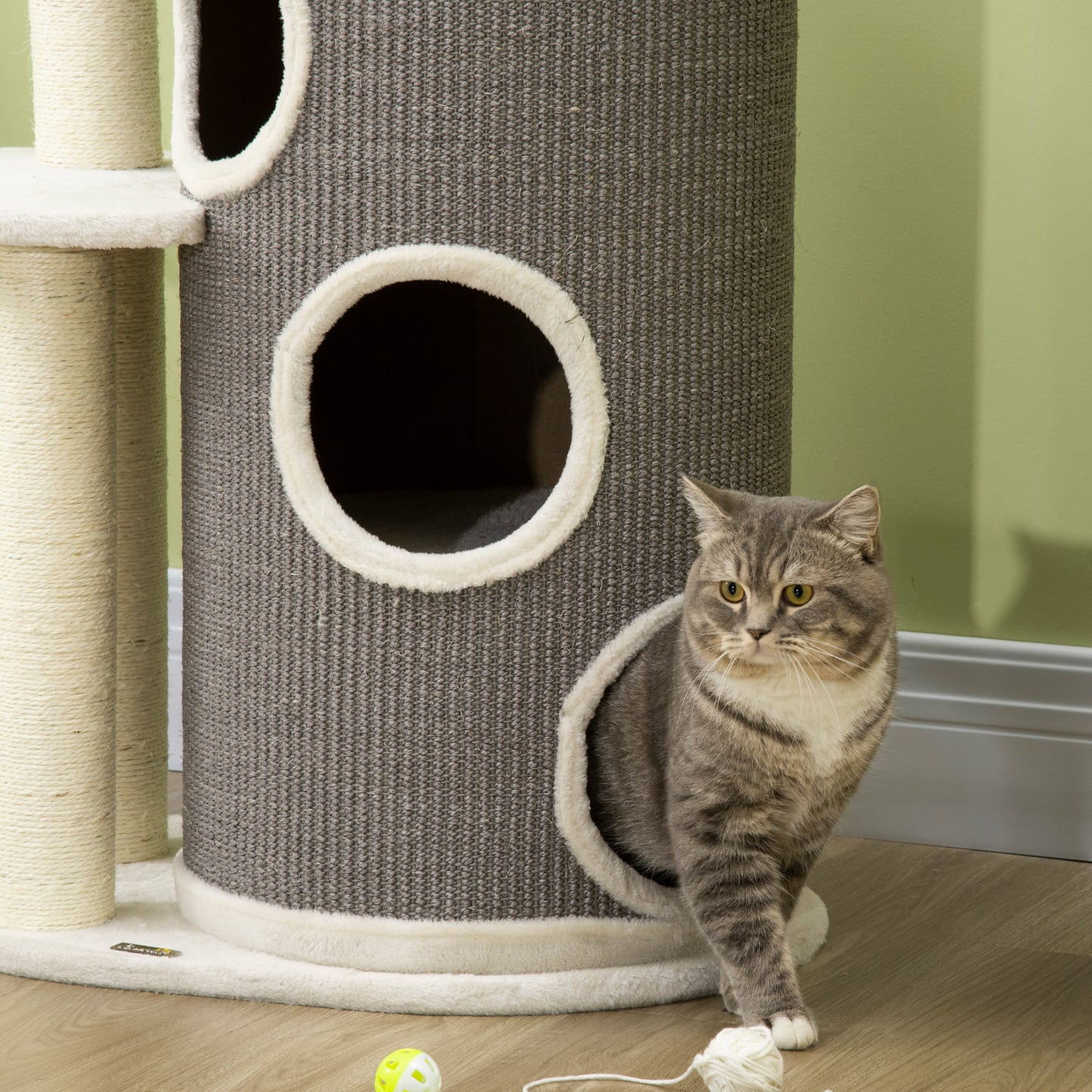 PawHut Kratzbaum mit Katzenbett u. Kratztonne für Katzen, 60 cm x 44,5 cm x 109 cm, Grau + Natur + Weiß