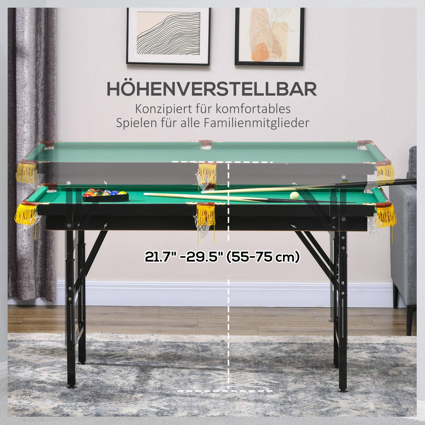SPORTNOW Billardtisch, klappbar, höhenverstellbar, inkl. Dreieck/2 Queues/16 Kugeln, Grün