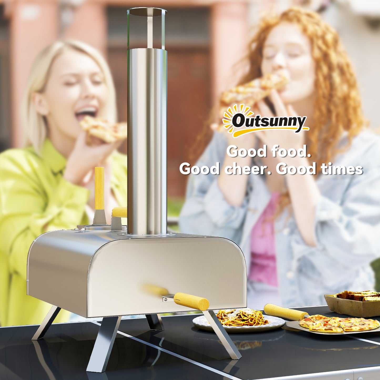 Outsunny Outdoor-Pizzaofen, Tragbarer Pizza-Ofen mit Pizzastein und Schaufel, klappbare Beine, Schornstein, Edelstahl