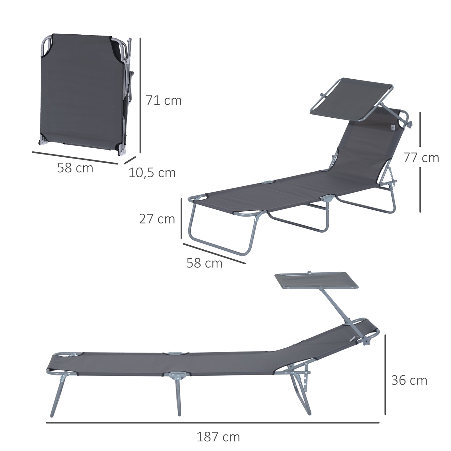 Outsunny Sonnenliege klappbar Gartenliege mit Sonnenschutz Wellnessliege mit 4-Fach verstellbare Rückenlehne Strandliege bis 120kg belastbar für Garten, Balkon und Pool geeignet, 6 Farben(Grau )