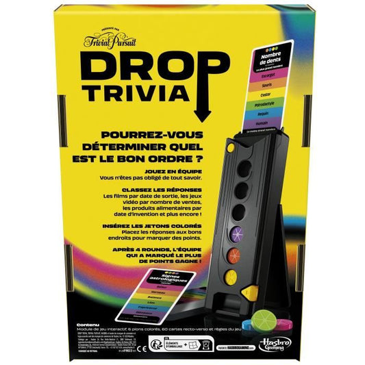Drop Trivia, electronic group game with voice and sounds, Ages 13 and up, 2 players or more, 15 min, inspired by Trivial Pursuit, Hasbro Ga