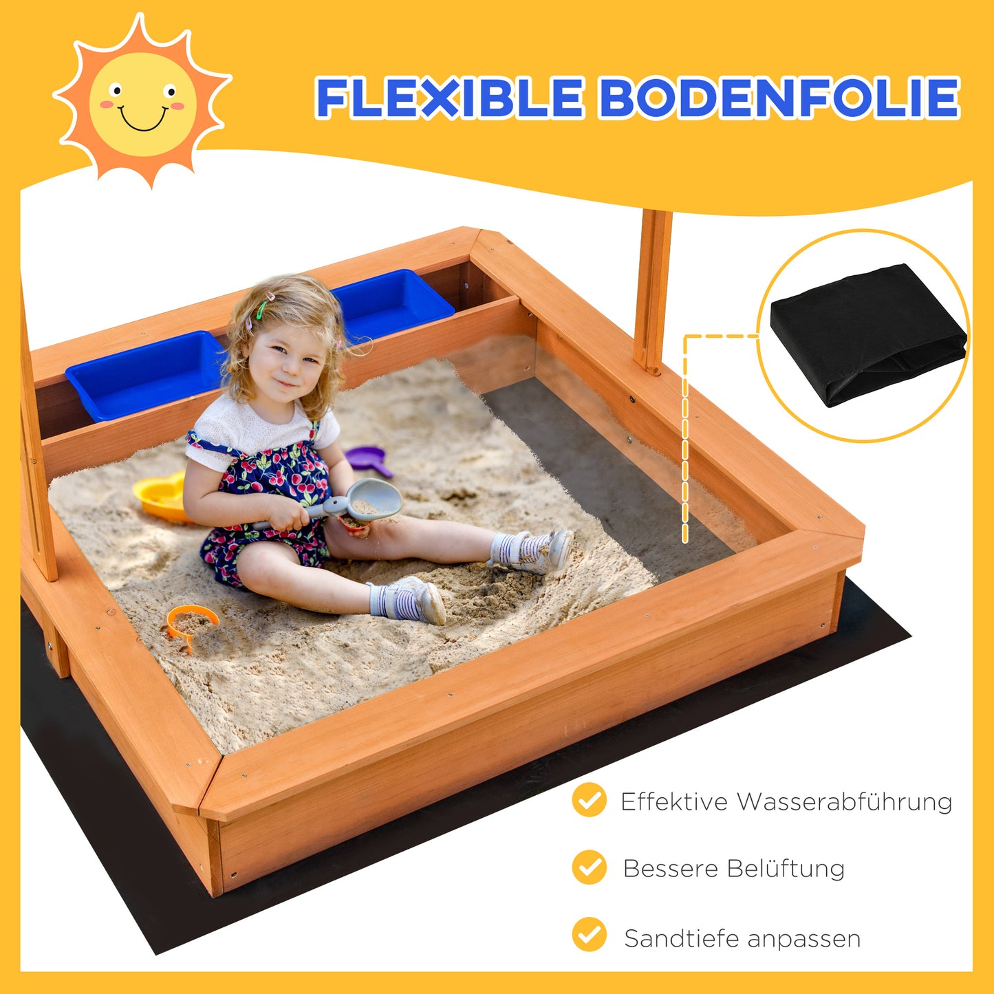 Outsunny Sandkasten Sandkiste Holz Bodenloses Design Matsch-Bereich für Kinder 3-7 Jahre Sandkasten mit Abdeckung Dach für Garten Terrasse Strand Outdoor Gelb 107,5 x 107,5 x 110 cm