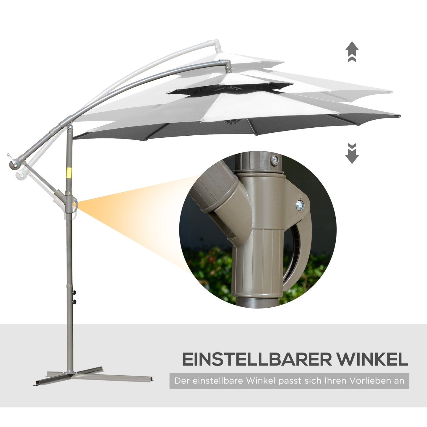 Outsunny Sonnenschirm Ampelschirm Ø2,67 x 2,45 m Kurbelschirm mit Doppeldach Kreuzbasis Stahl Outdoor Sonnenschutz Polyester Stahl Hellgrau