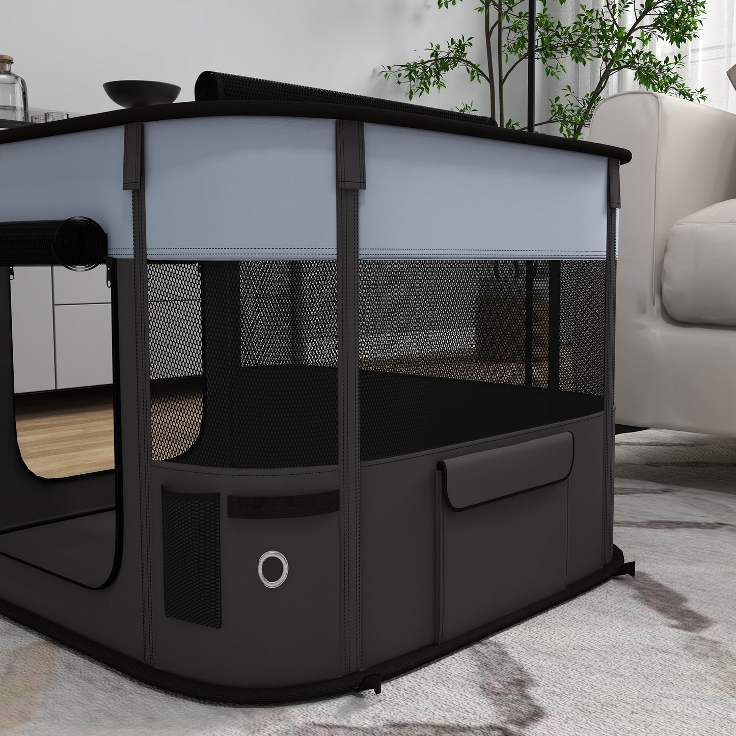 PawHut Spielgehege für Haustiere, faltbar, mit Aufbewahrungstasche, für Welpen und Kätzchen, drinnen und draußen, Grau