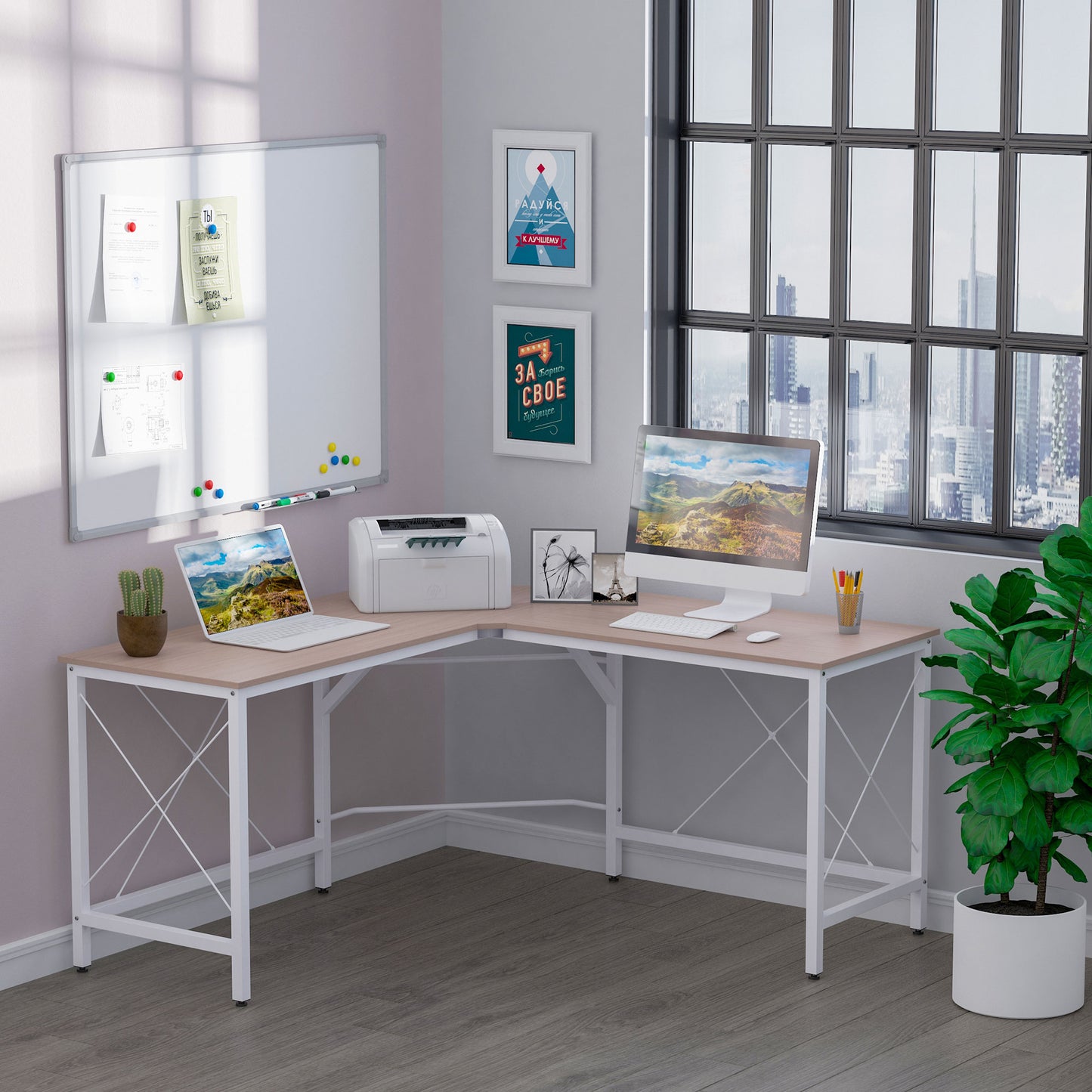 HOMCOM Computertisch Schreibtisch L-Form Arbeitstisch Bürotisch Eckschreibtisch Winkelschreibtisch MDF Natur 150 x 150 x 76 cm