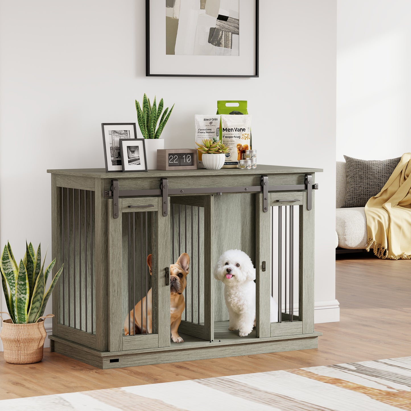 PawHut Hundekäfig mit 2 Türen, Hundebox, Transportbox für Hunde, rustikales Design, verriegelbar, Grau