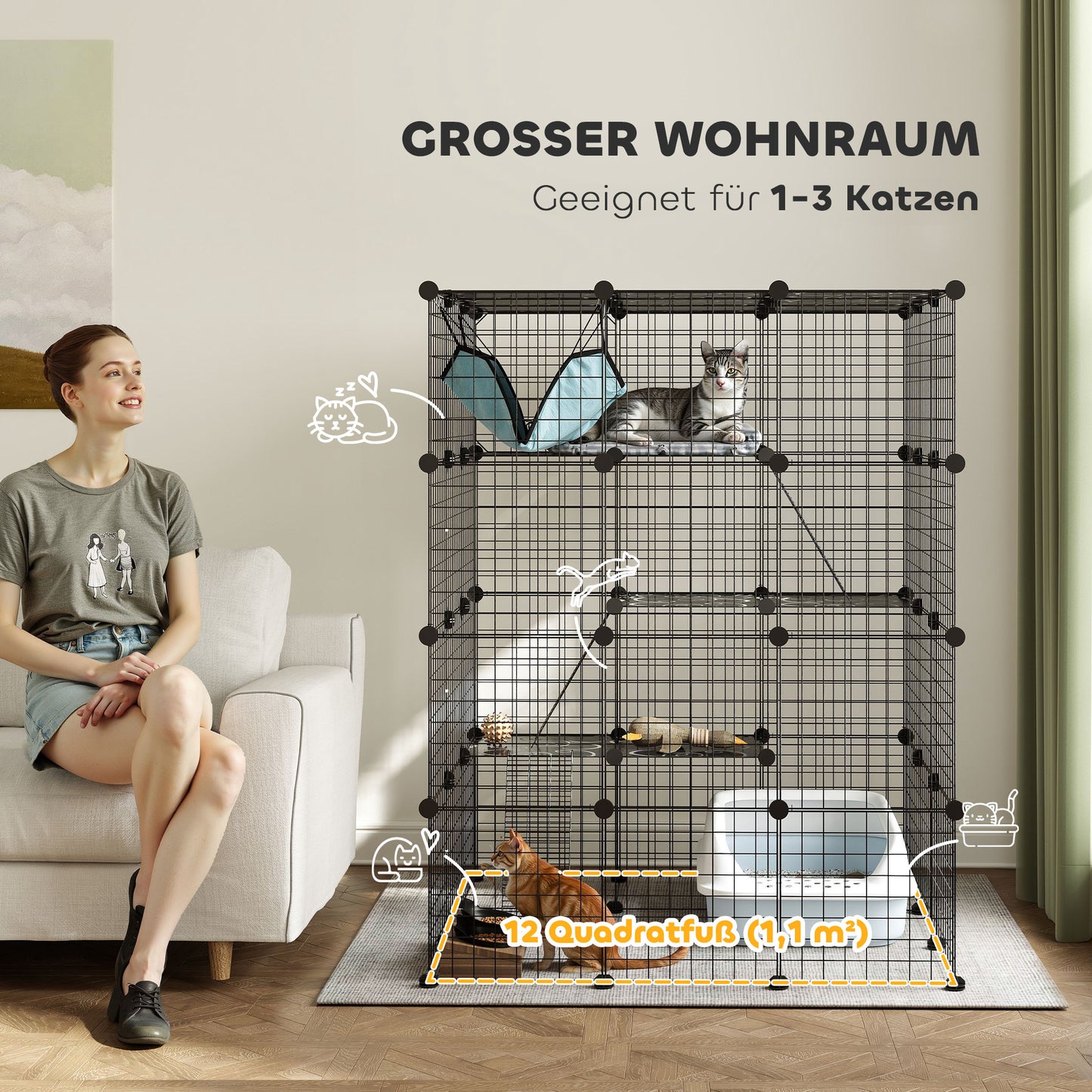 PawHut Katzenkäfig für Drinnen 4-stöckig DIY-Katzengehege mit dichtem Metalldraht Hängematte Rampe Türen Sprungplattformen