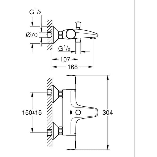1/2 thermostatic bath/shower mixer - GROHE Precision Start - 345982430 - Matt black - Exposed wall mounting - Water saving