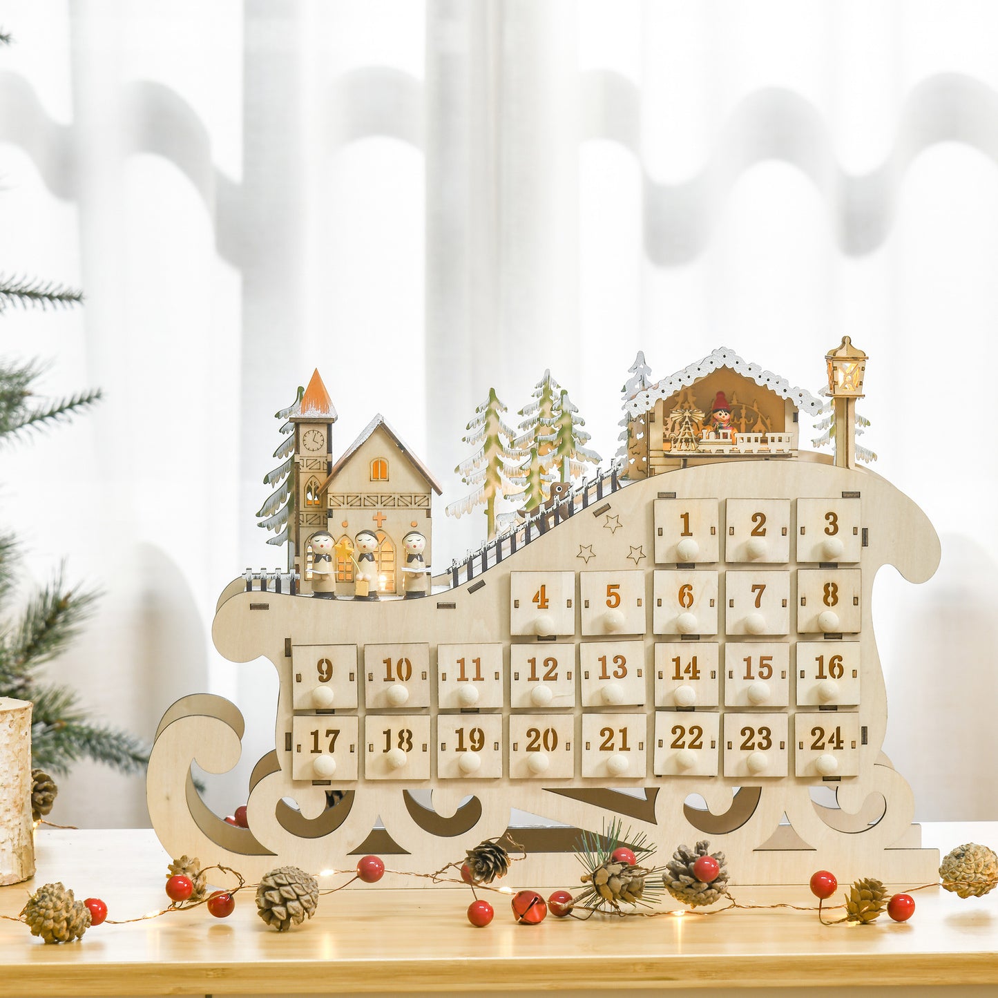 HOMCOM Adventskalender zum Befüllen mit 24 Schubladen LED-Lichtern Schlitten-Form, DIY Weihnachtskalender Weihnachts-Countdown-Kalender Geschenk für Kinder Erwachsene