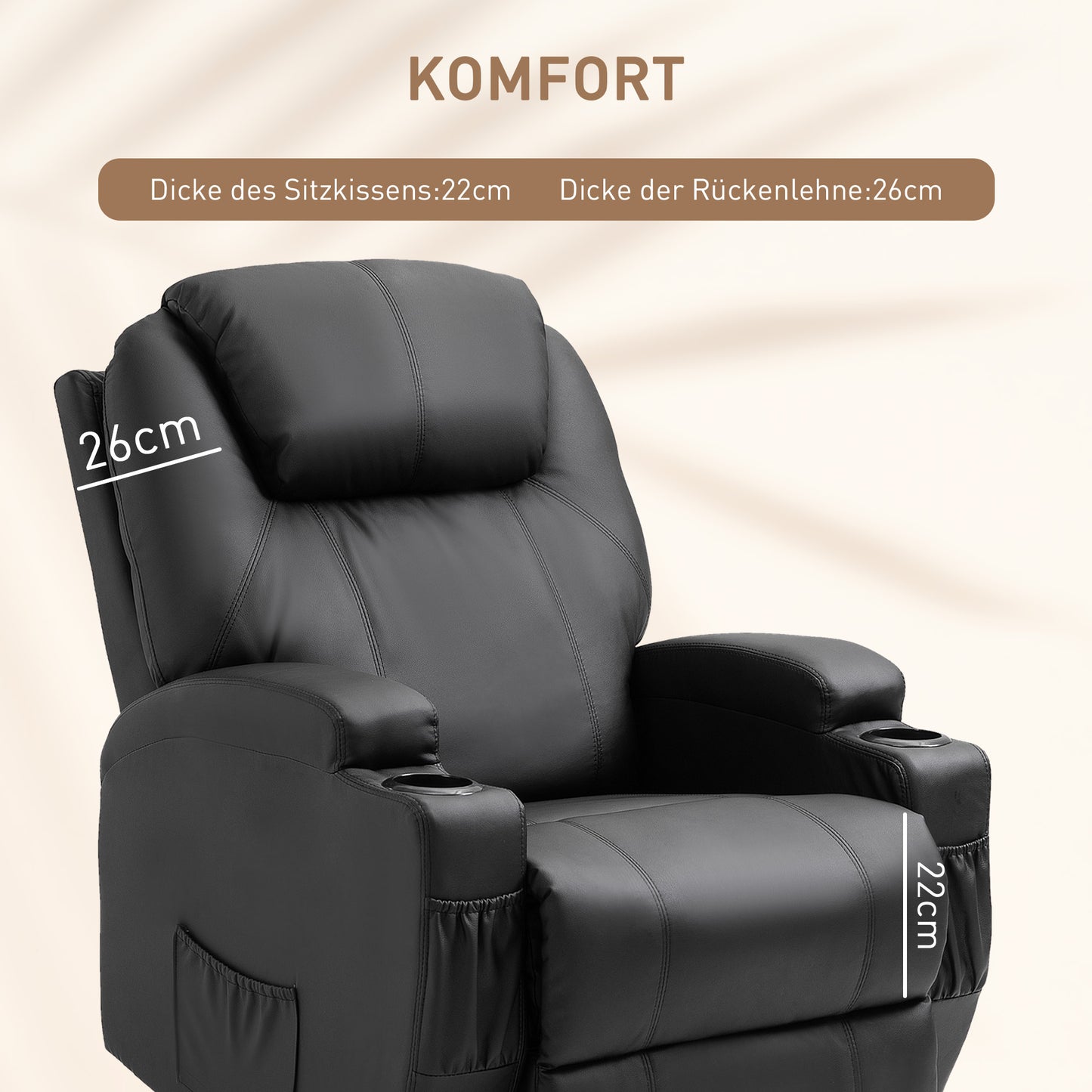 HOMCOM Fernsehsessel Elektrisch Relaxsessel mit Liegefunktion Aufstehhilfe Massage Massagesessel mit verstellbar Rückenlehne Seitentasche Getränkehalter TV Sessel bis 160kg für Wohnzimmer Schwarz