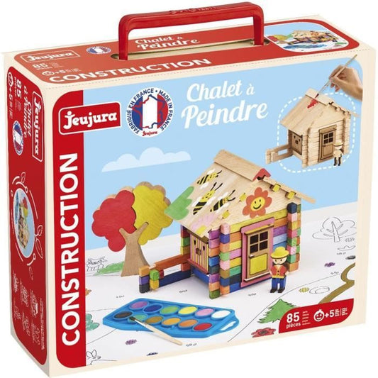 Chalet to Paint 85 Pieces - JEUJURA - Natural Wood Construction Game, Accessories and Paint Included, 26x24x9 cm