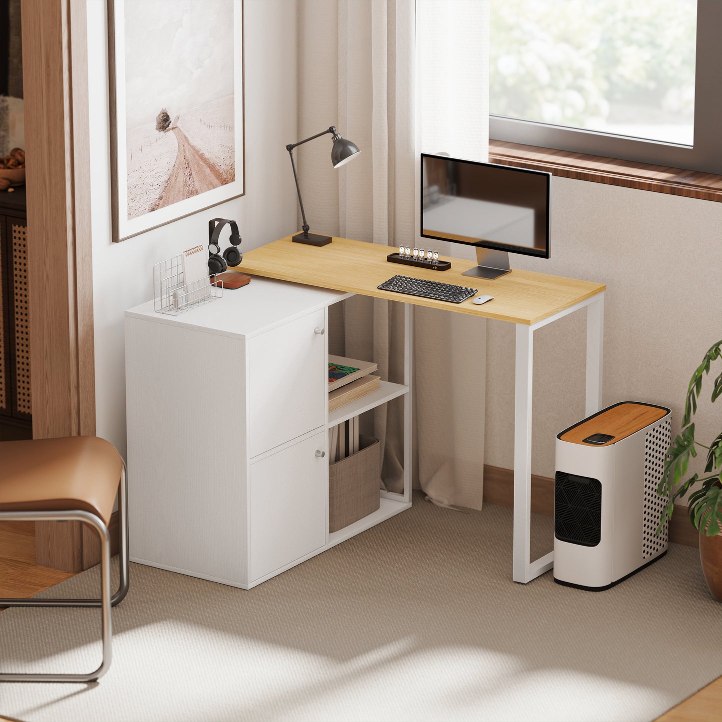 HOMCOM Schreibtisch L-förmig, 360° drehbarer Eckschreibtisch mit 2 Lagerschränken, 2 offenen Regalen, Computertisch für kleine Räume, Arbeitszimmer, Wohnzimmer, 150x40x75 cm, Weiß
