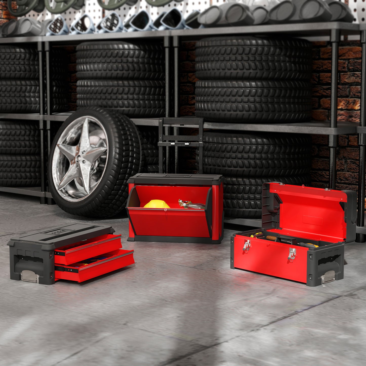 HOMCOM 3-stufiges Werkzeugkasten-Set, mit Rädern, ineinandergreifend, Stahl, Kunststoff