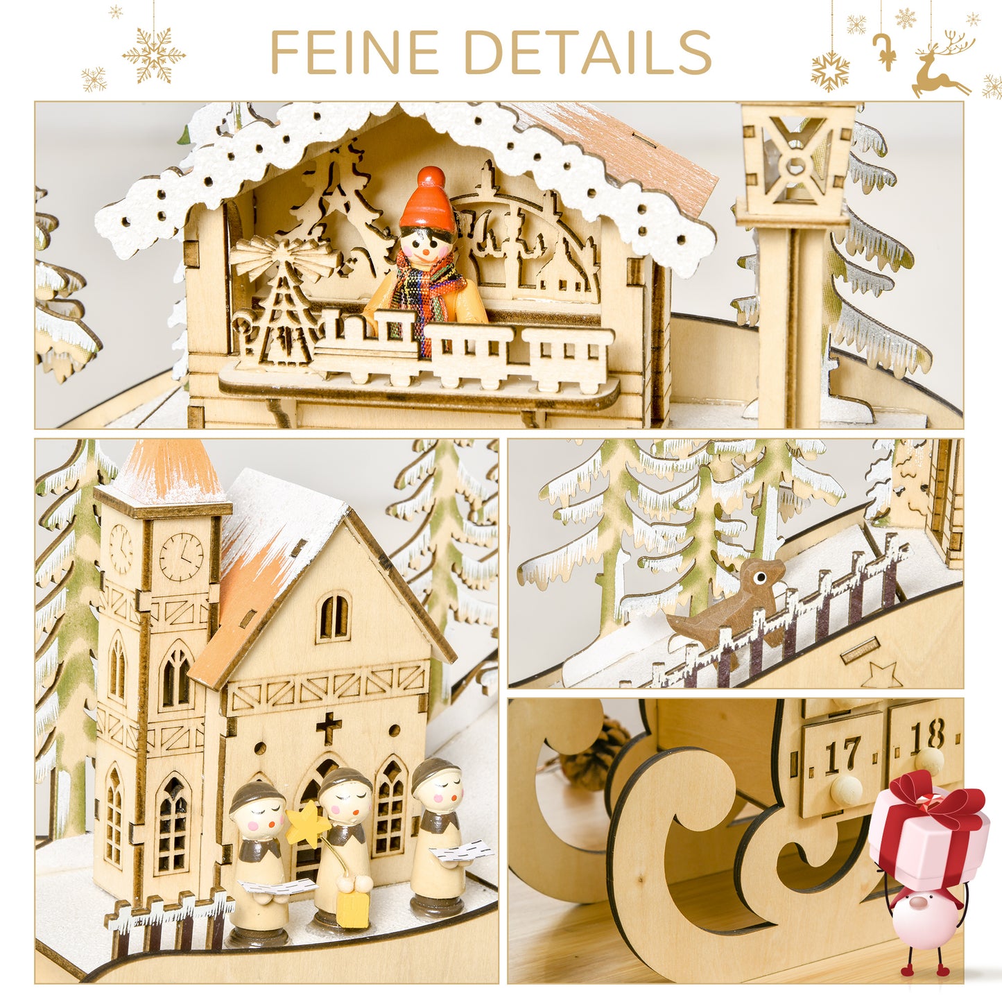 HOMCOM Adventskalender zum Befüllen mit 24 Schubladen LED-Lichtern Schlitten-Form, DIY Weihnachtskalender Weihnachts-Countdown-Kalender Geschenk für Kinder Erwachsene