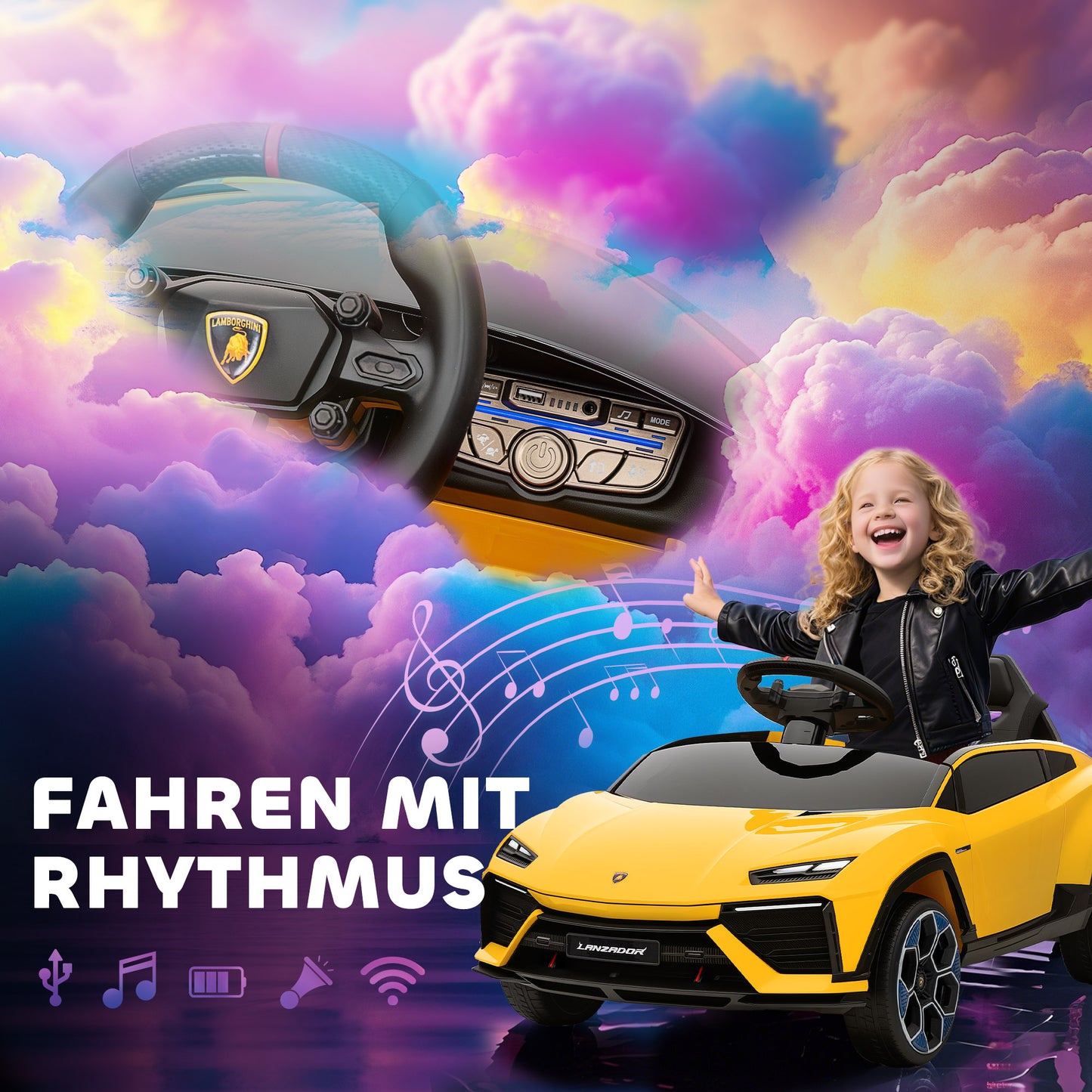 AIYAPLAY Kinder Elektroauto 12V Kinderauto mit 2,4 GHz Fernbedienung, 2 Motor, Hupe, LED, Musik, 101,5 x 49 x 43 cm, Gelb