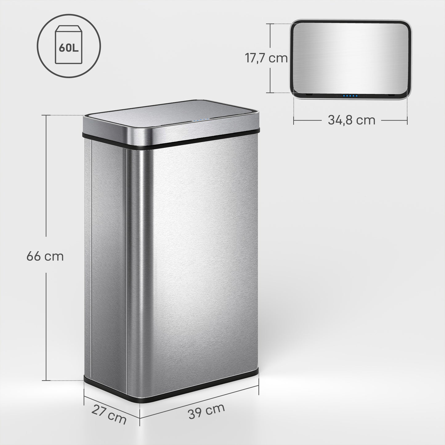 HOMCOM 60 L Sensor-Mülleimer, automatischer Deckel, Edelstahl, vielseitig einsetzbar, Silberfarben