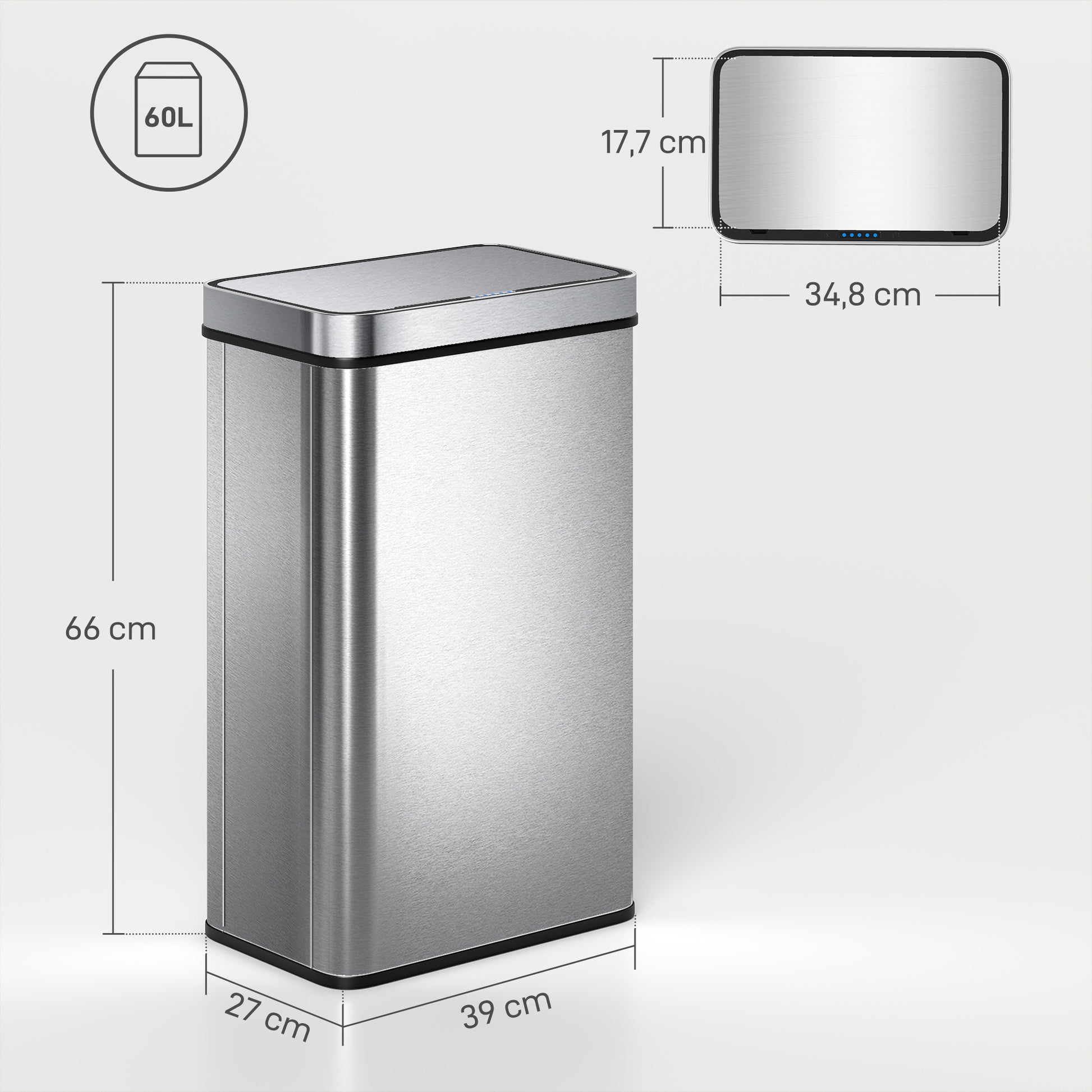 HOMCOM 60 L Sensor-Mülleimer, automatischer Deckel, Edelstahl, vielseitig einsetzbar, Silberfarben