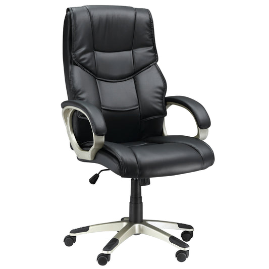 HOMCOM Bürosessel Chefsessel mit Wippfunktion Bürostuhl Schreibtischstuhl Ergonomischer Drehstuhl Sportsitz Hoher Rückenlehne Schwarz Kunsterleder Metall 70 x 58 x 114–124 cm