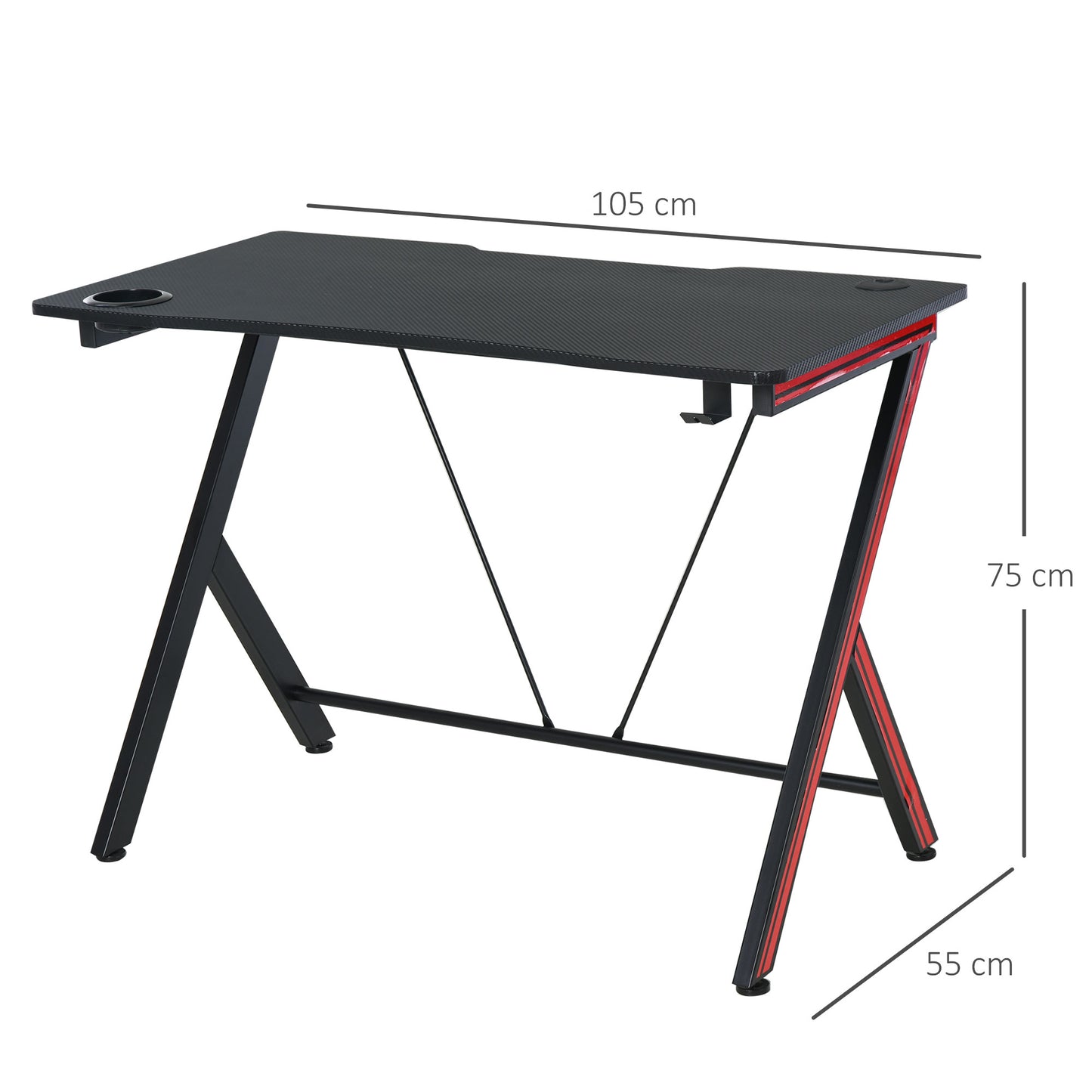 HOMCOM Gaming-Tisch Schreibtisch mit Kopfhörerhaken Getränkehalterung Computertisch Stahl + MDF Schwarz 105 x 55 x 75 cm