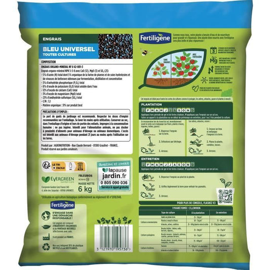 FERTILIGENE FBLEUBIO6 - Universal Blue Fertilizer 6 kg - Flowering and abundant harvests - Nourishes up to 3 months - For 240m²