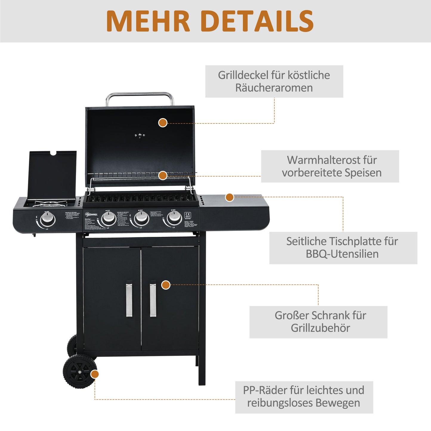Outsunny Gasgrill mit 3 Hauptbrennern + 1 Seitenbrenner, Ablage, rostfreier Stahl, schwarz, 110 x 50 x 100 cm