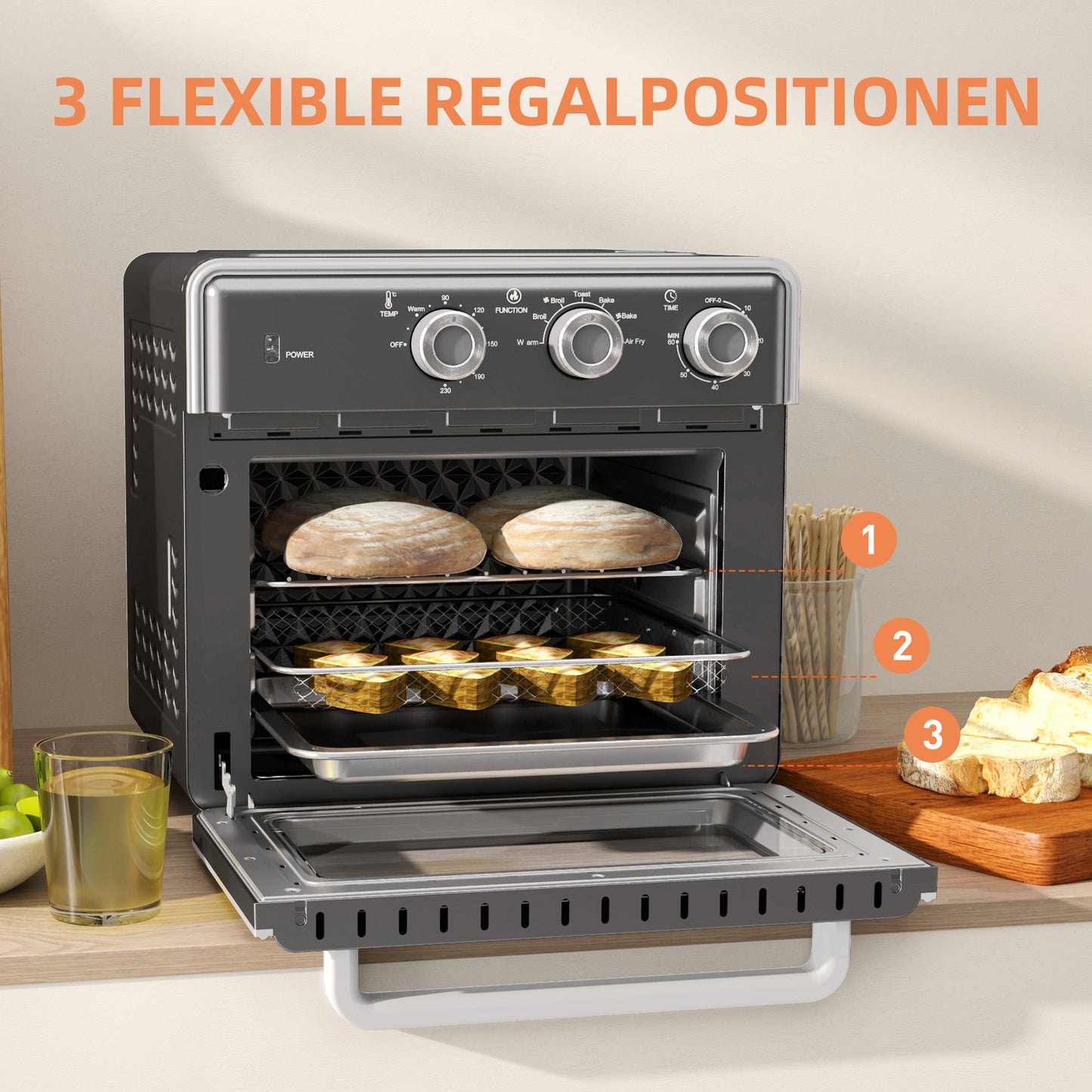 HOMCOM Minibackofen, 20L, 5 Funktionen, 360° Heißluft, Grillrost, Krümelblech, Grau