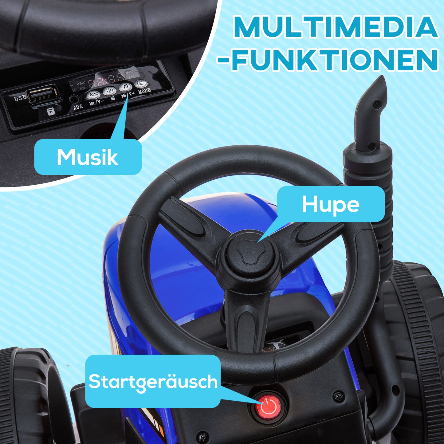 HOMCOM Kinder-Elektroauto mit Anhänger, Fernbedienung, Scheinwerfer, 3-6 km/h, für 3-6 Jahre, Blau