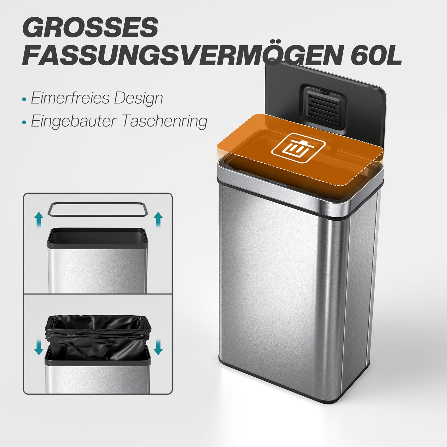 HOMCOM 60 L Sensor-Mülleimer, automatischer Deckel, Edelstahl, vielseitig einsetzbar, Silberfarben