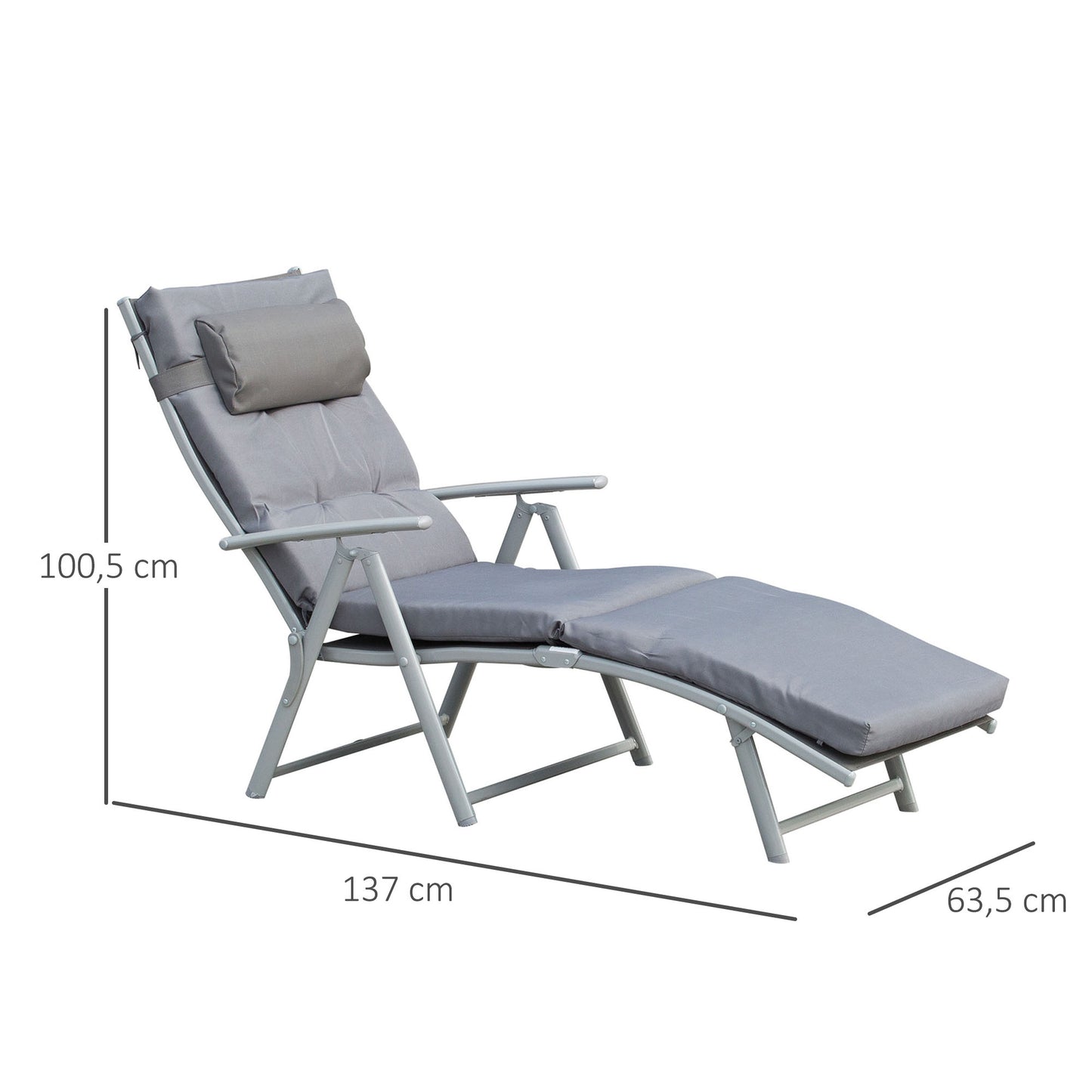 Outsunny Sonnenliege klappbar Strandliege mit Kopfkissen Sitzkissen Liegestuhl mit 7-Fach verstellbare Rückenlehne Gartenliege Relaxliege bis 165 kg belastbar, für Garten Urlaub Outdoor, Grau