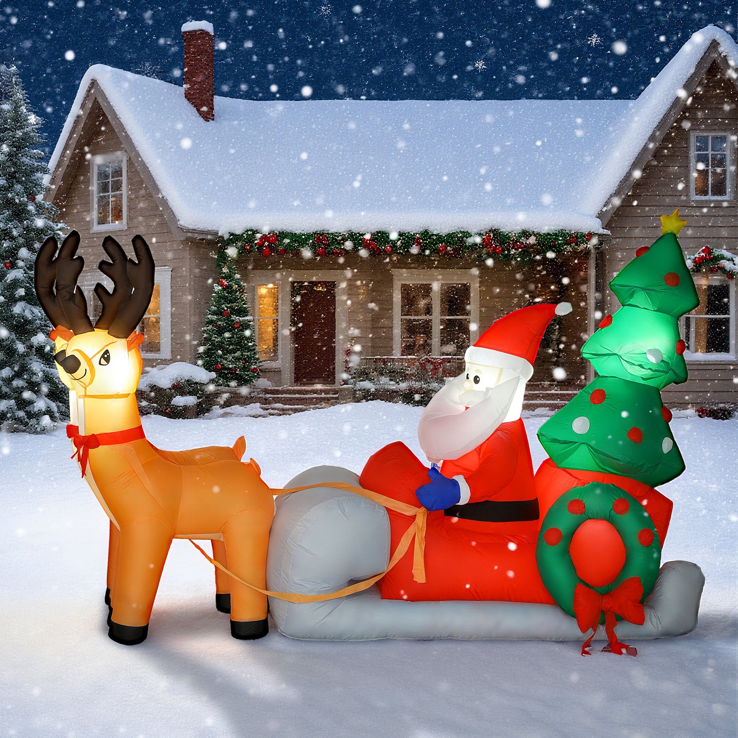Outsunny Aufblasbare Weihnachtsdekoration, Weihnachtsmann in Rentierschlitten, Polyesterstoff, LED-Lichter, Bunt