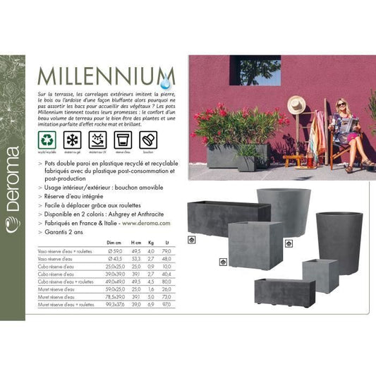Cube Flower Pot - DEROMA - Millennium R - Ashgrey - Self-Watering - 39 cm