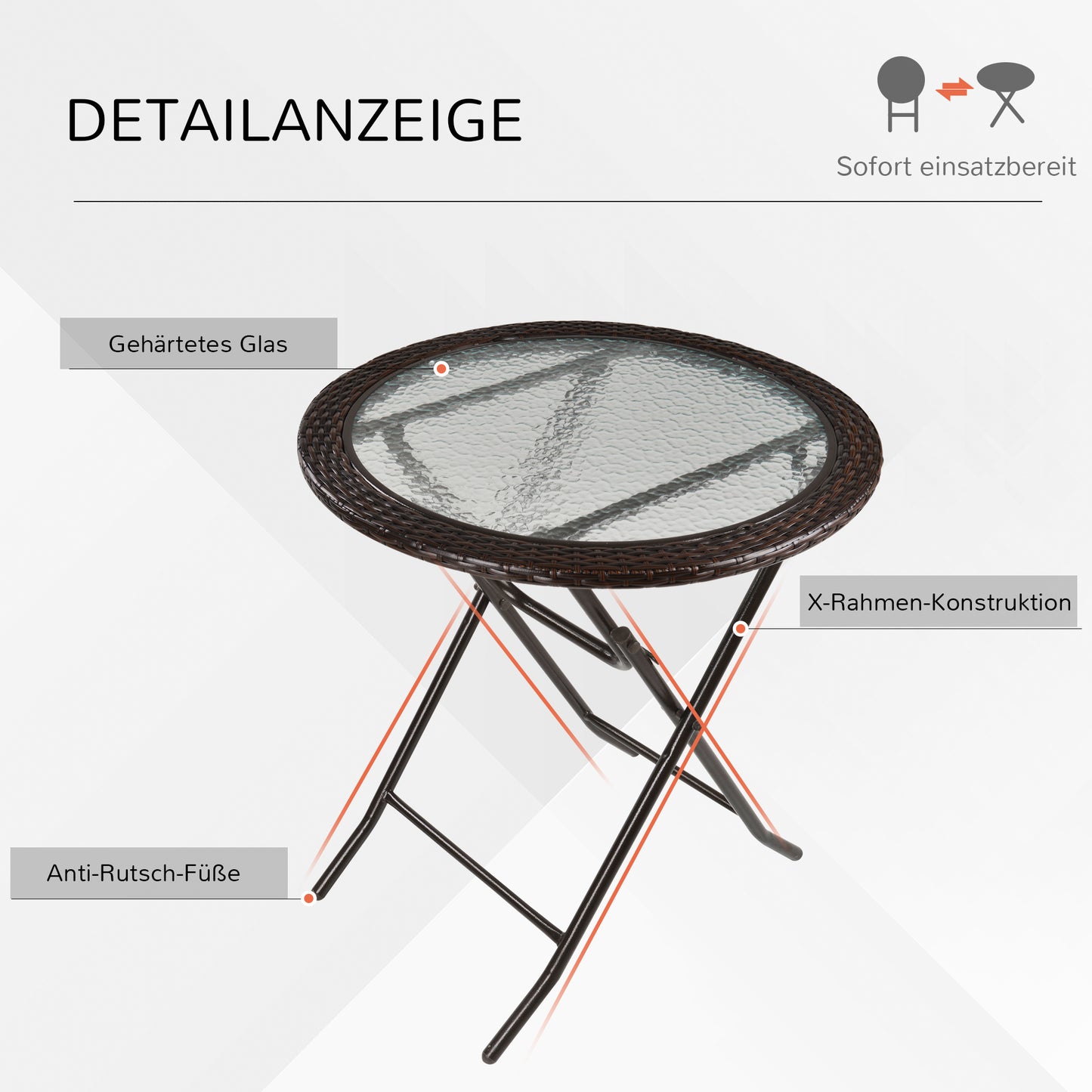 Outsunny Gartentisch, klappbar, Hartglastischplatte, Stahlrahmen, Rattan-Dekor, braun, 68 x 68 x 73 cm