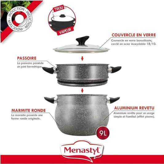 Couscoussier - MENASTYL - 6020033 - Marble effect aluminum - 9 liters - Suitable for all heat sources including induction