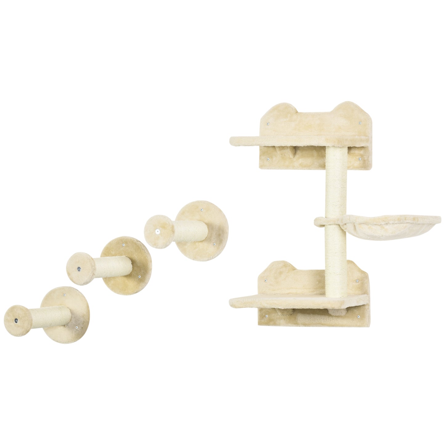 PawHut Kletterstufen, Kletterwand, Katzentreppe, 4-tlg. Set, mit Kratzbaum, Hängematte, beige+cremeweiß, 40 x 28 x 73cm