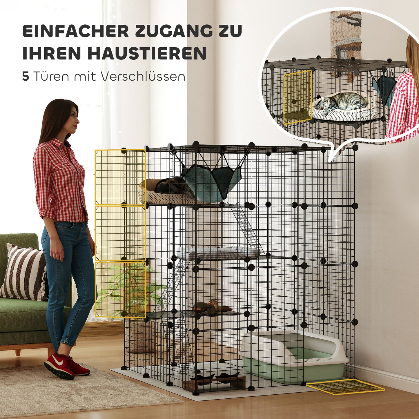 PawHut Katzenkäfig für Drinnen 4-stöckig DIY-Katzengehege mit dichtem Metalldraht Hängematte Rampe Türen Sprungplattformen