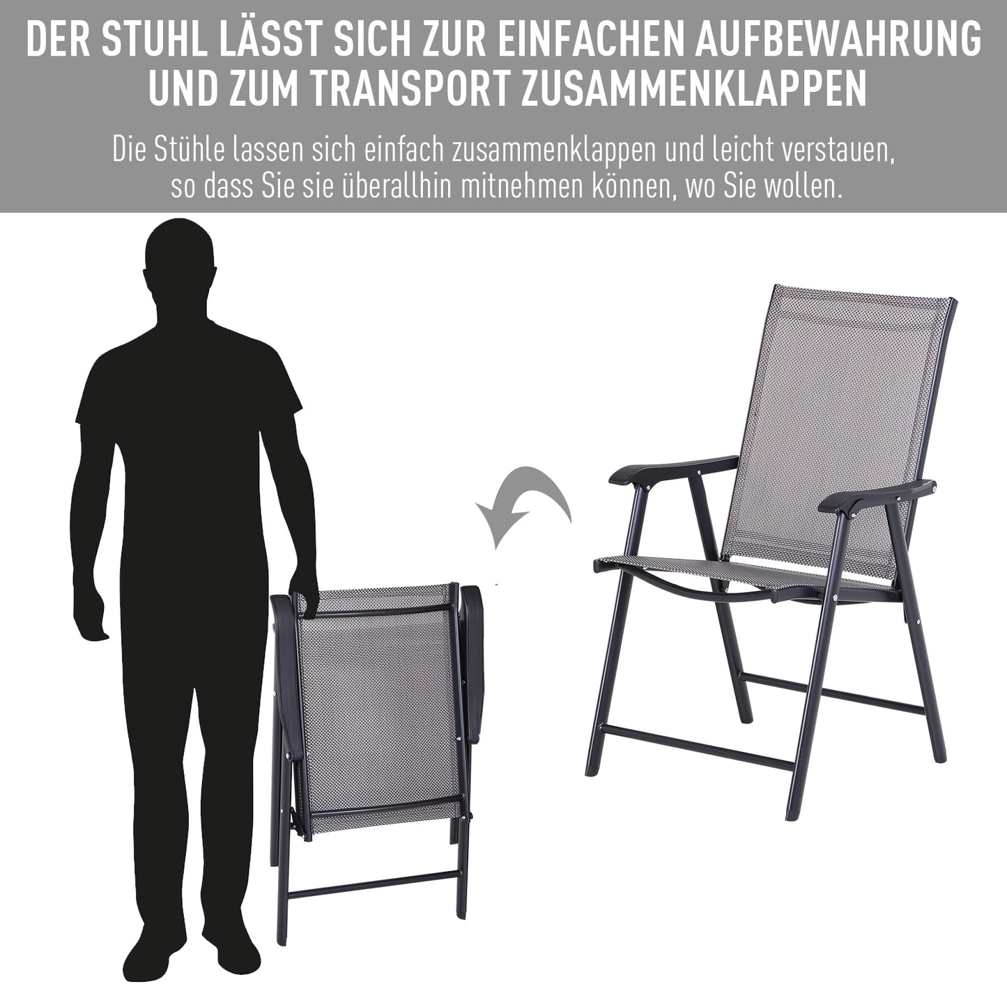 Outsunny Klappstuhl mit Armlehne 2er Set Campingstuhl Angelstuhl Metall Grau 58 x 64 x 94 cm
